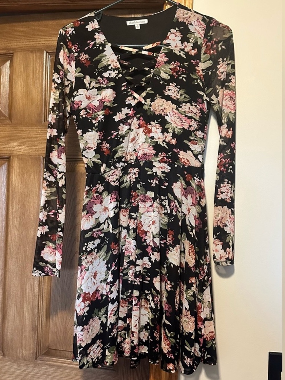 Charlotte Russe Black Floral Lace-Up Long Sleeve Fit-and-Flare Dress Mesh Spring